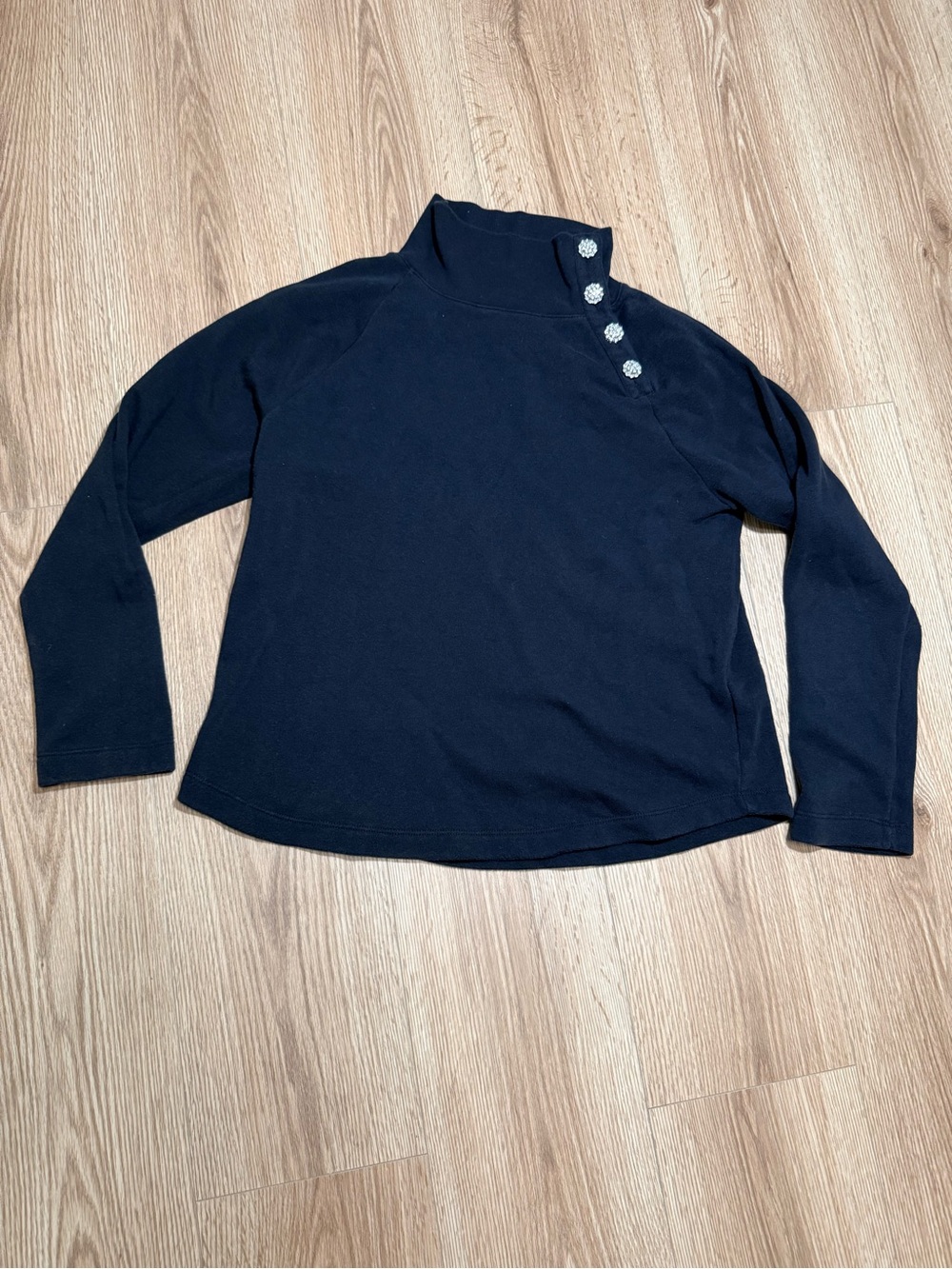 J.Crew Womens M Black Mock Neck Sweatshirt Jeweled Buttons Funnel Neck Pullover